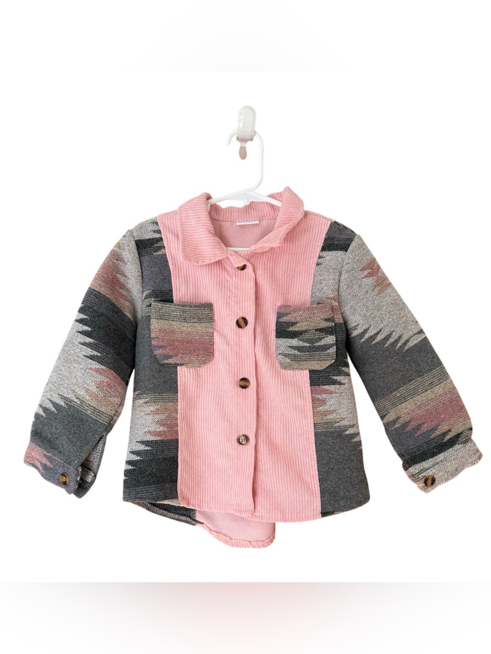 Kids Pink & Gray Patterned Corduroy Shacket - Unbranded